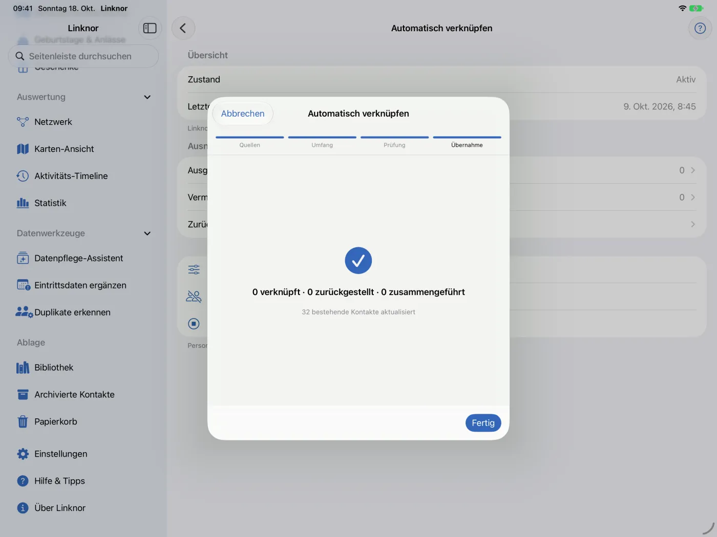 Schritt „Übernahme“: Bericht über verknüpfte und zusammengeführte Kontakte.