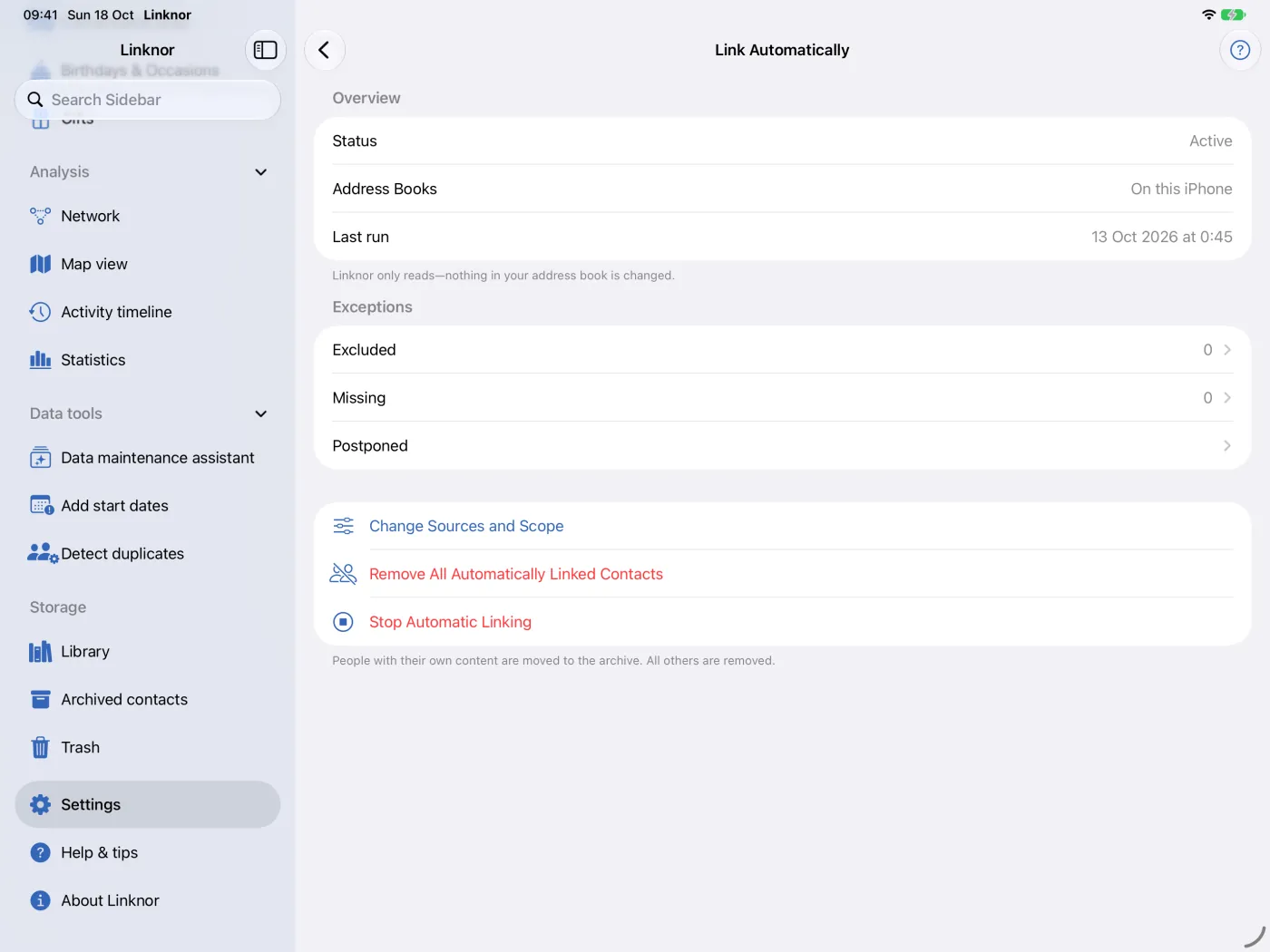 Page « Lier automatiquement » avec la vue d’ensemble, les exceptions et les actions