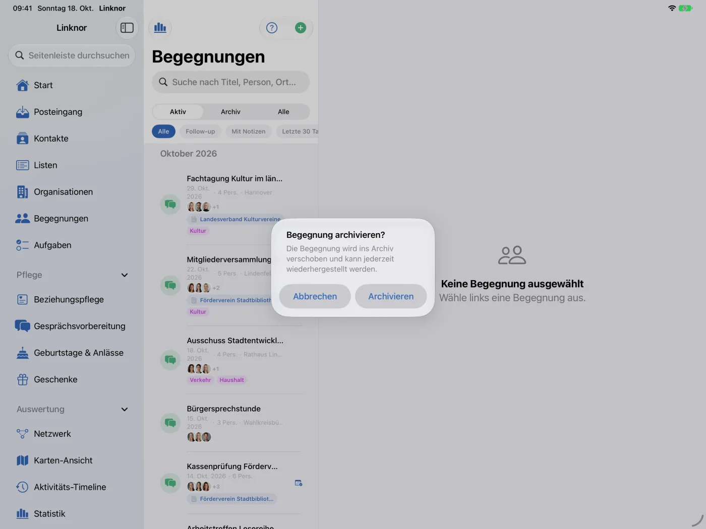 Rückfrage „Begegnung archivieren?“