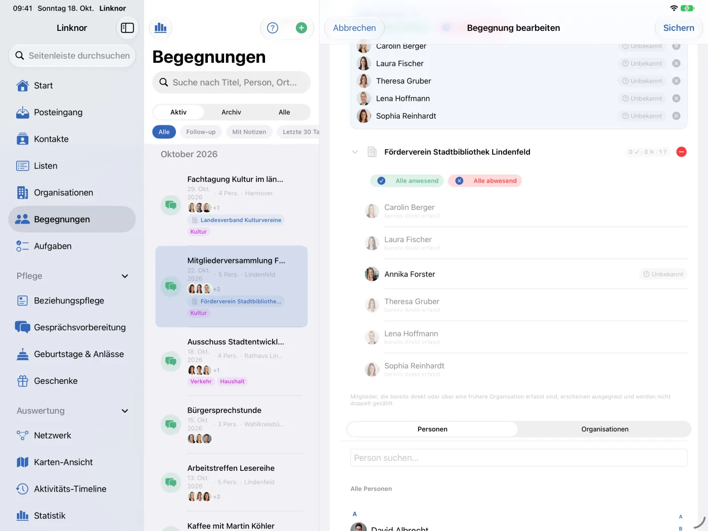 Organisation mit ihren Mitgliedern; bereits direkt erfasste Personen sind ausgegraut