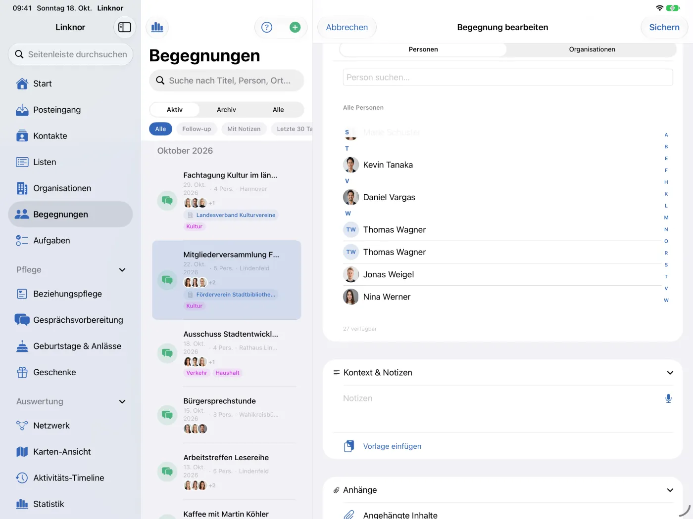 Weiter unten: Personen hinzufügen sowie „Kontext & Notizen“ mit „Vorlage einfügen“.