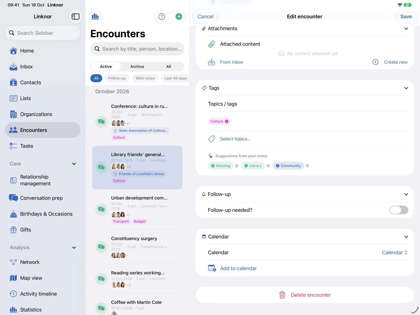 Sezione «Promemoria» di un incontro con «Follow-up necessario?» e data