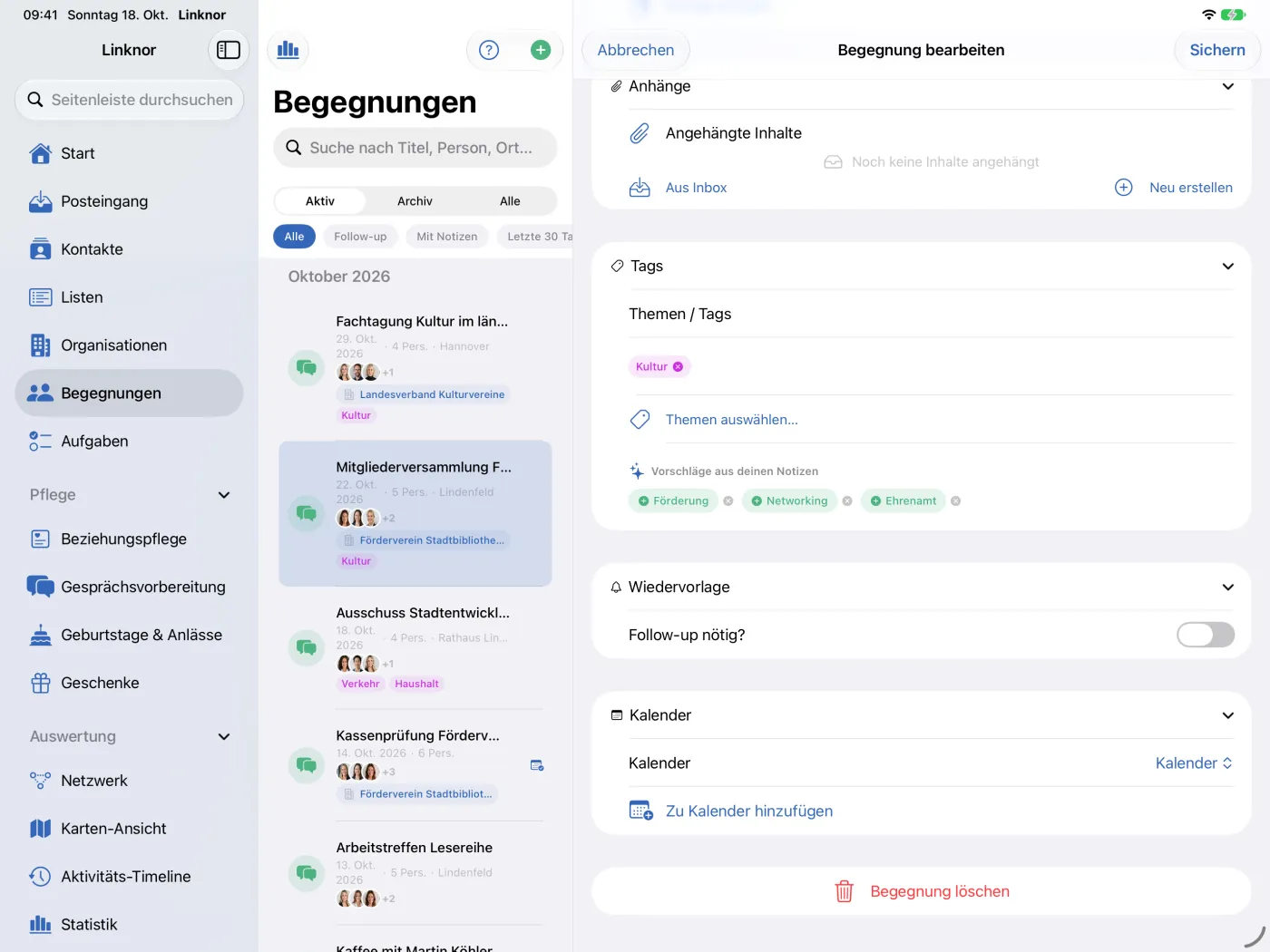 Abschnitt „Wiedervorlage“ einer Begegnung mit „Follow-up nötig?“ und Datum