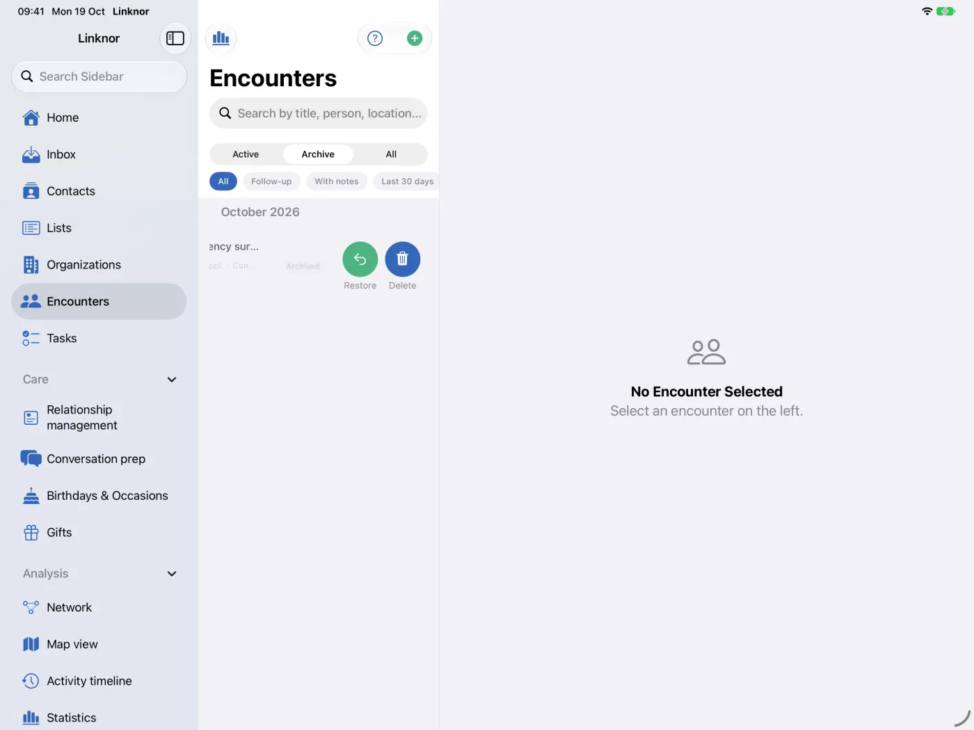Dans les archives : actions de balayage « Restaurer » et « Supprimer »