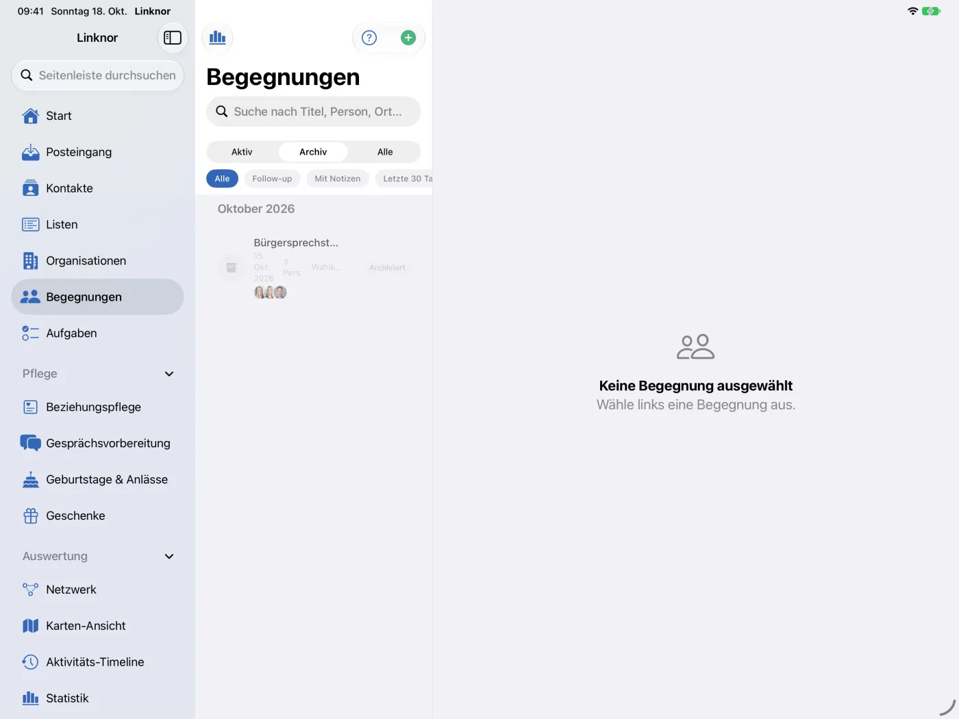 Segment „Archiv“ mit einer archivierten Begegnung