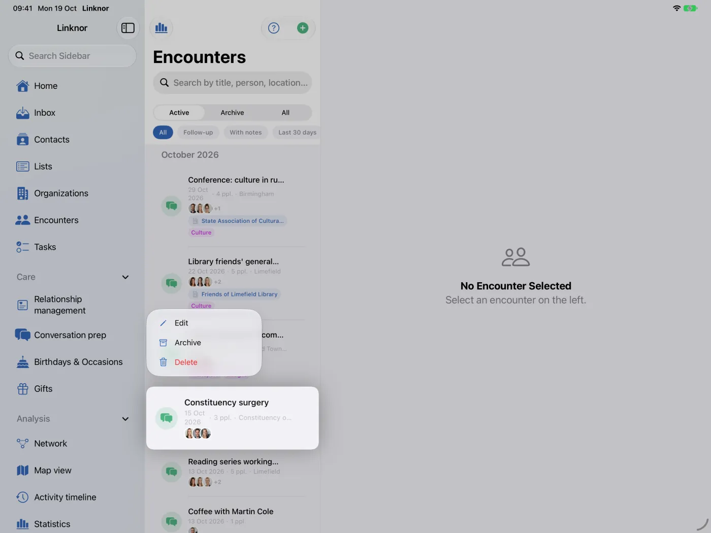 Menu contextuel d’une rencontre avec un événement de calendrier lié