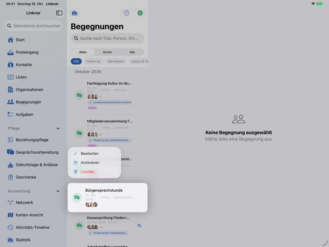Kontextmenü einer Begegnung mit verknüpftem Kalendertermin