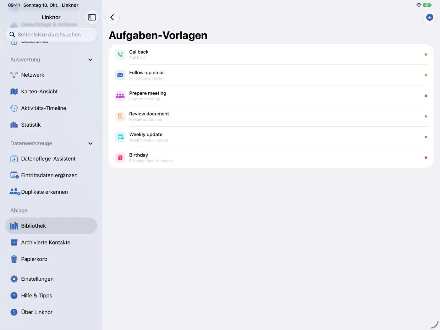 Liste „Aufgaben-Vorlagen“ mit sechs Vorlagen