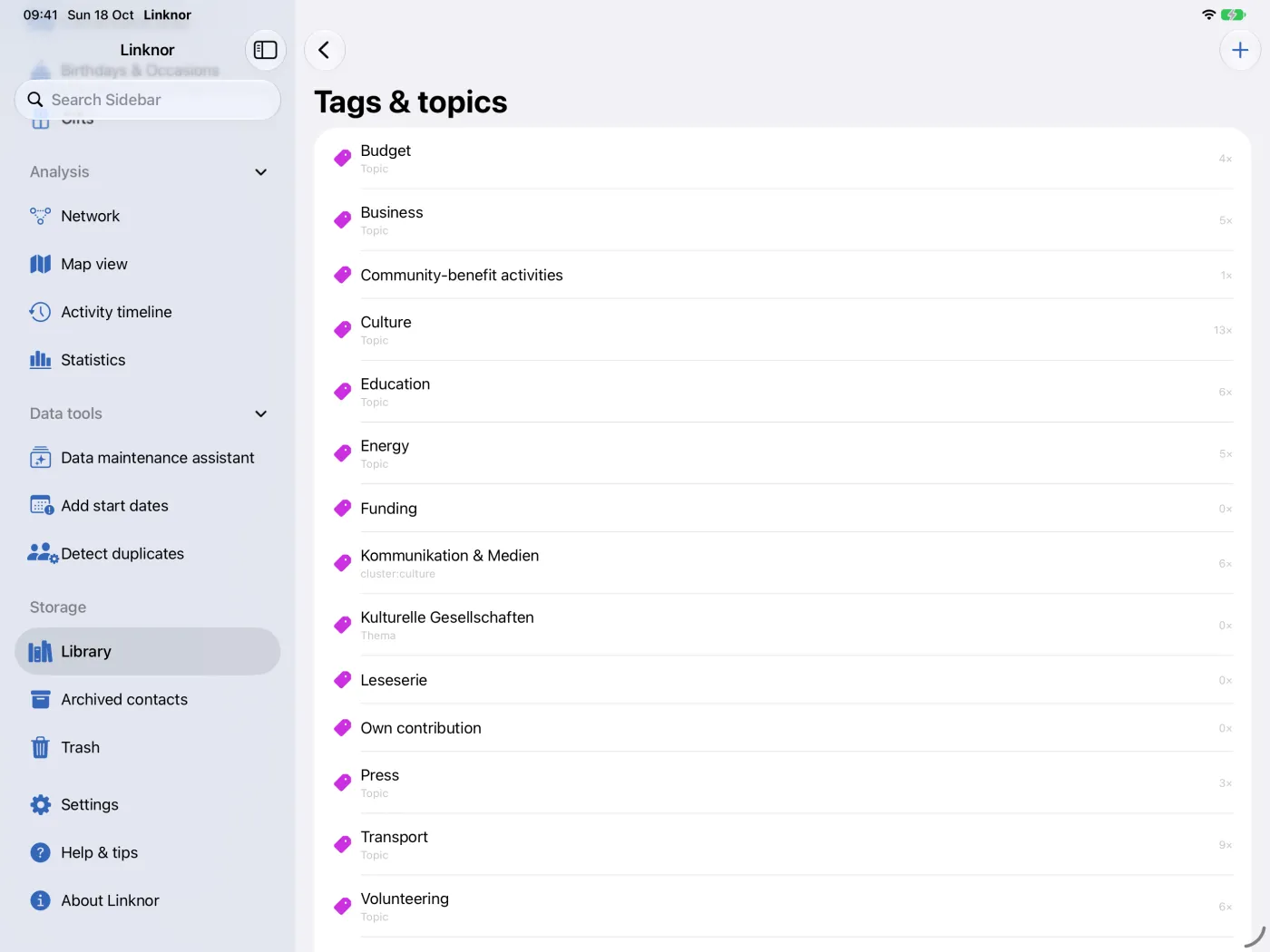 Liste « Tags et sujets » avec la catégorie et le nombre d’utilisations
