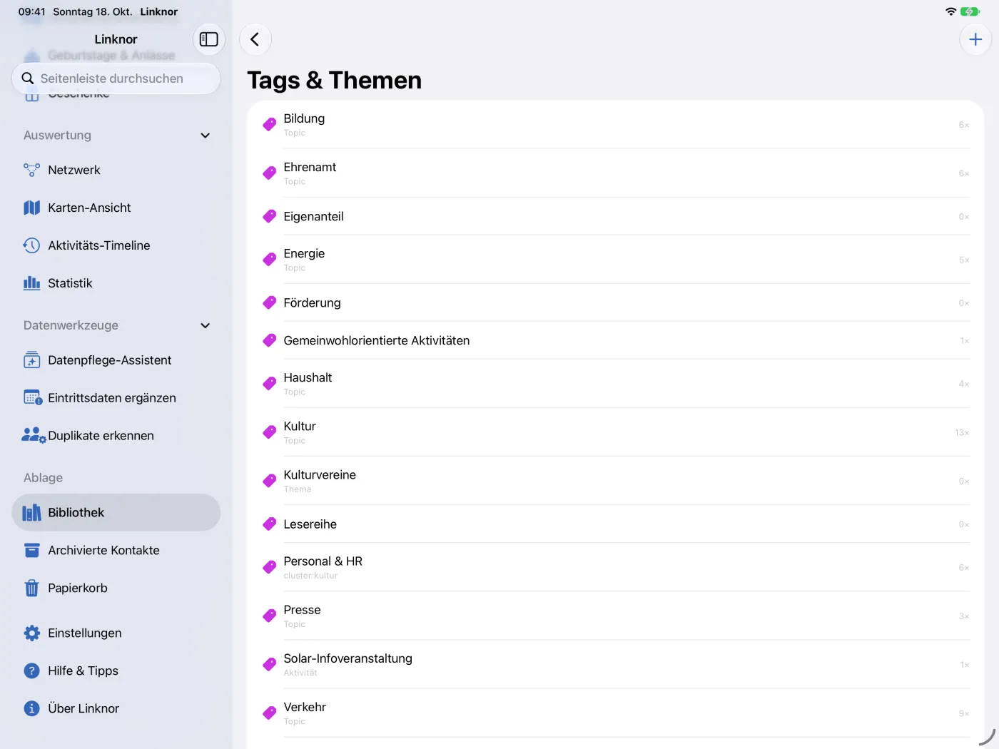 Liste „Tags & Themen“ mit Kategorie und Anzahl der Verwendungen