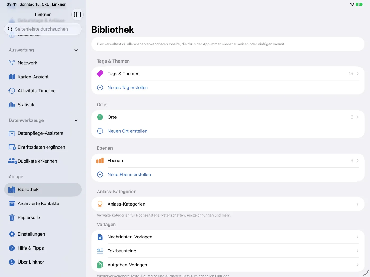 Oberer Teil der Bibliothek mit Tags, Orten, Ebenen und Anlass-Kategorien