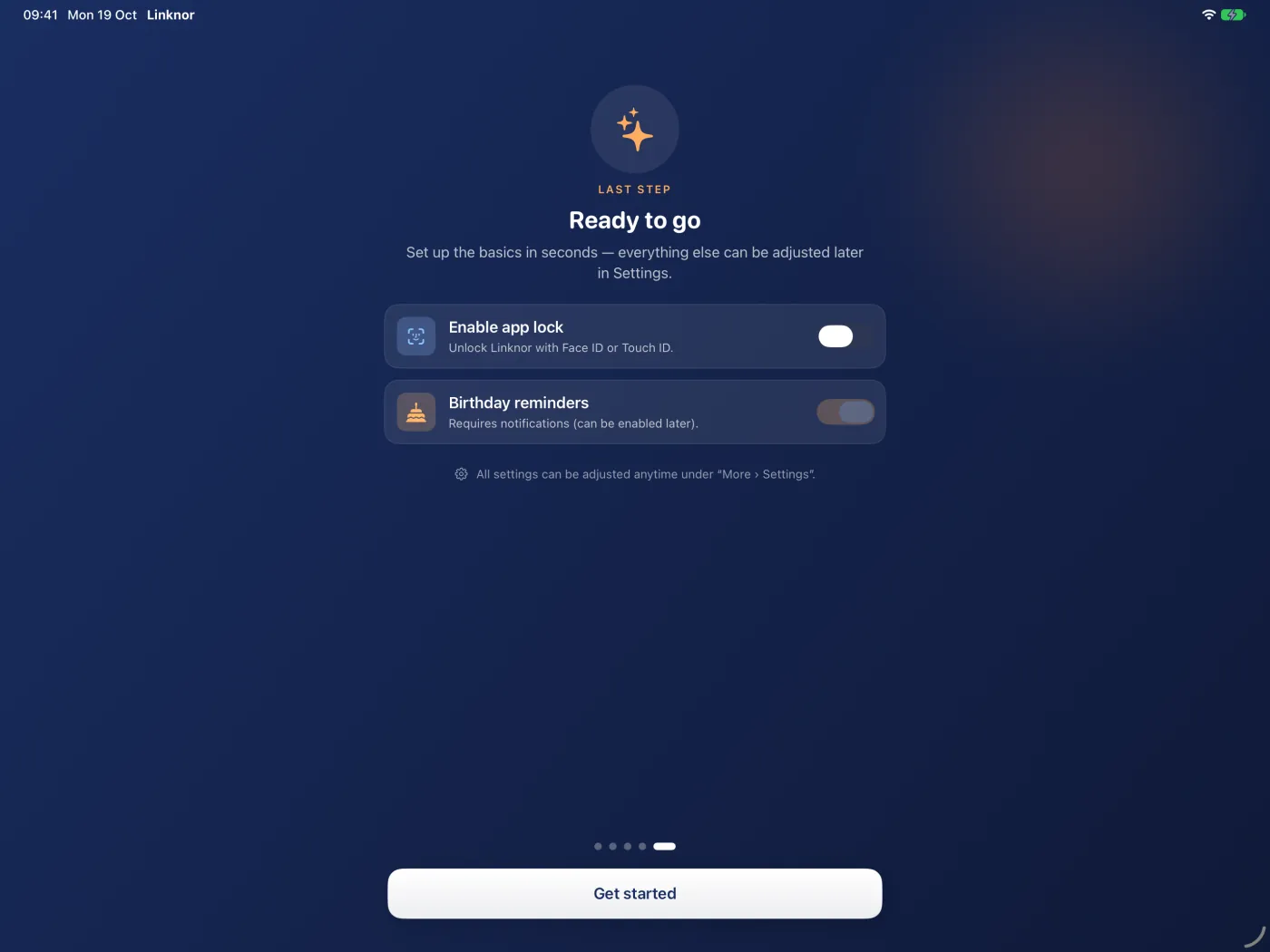 Ultima pagina: blocco app e promemoria dei compleanni, poi «Inizia».