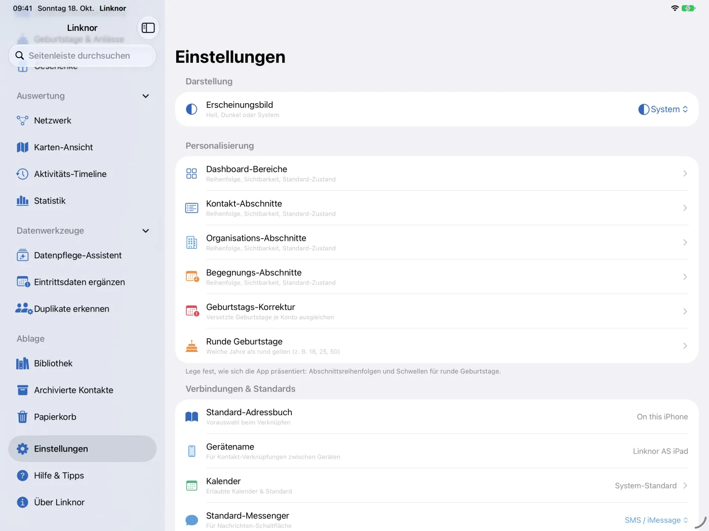 Oberer Teil der Einstellungen mit Darstellung und Personalisierung