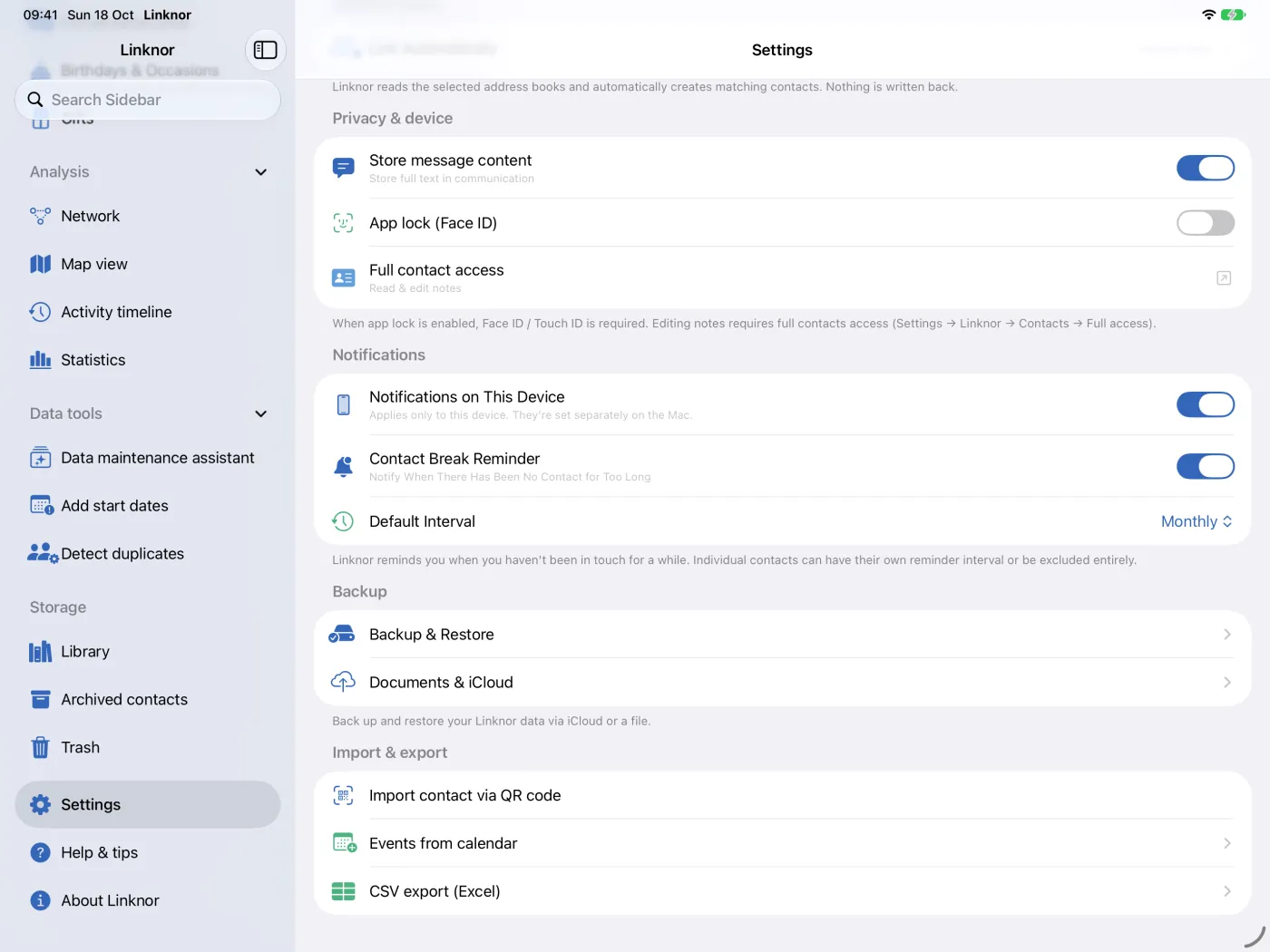Partie inférieure avec les notifications, la sauvegarde et l’importation et exportation