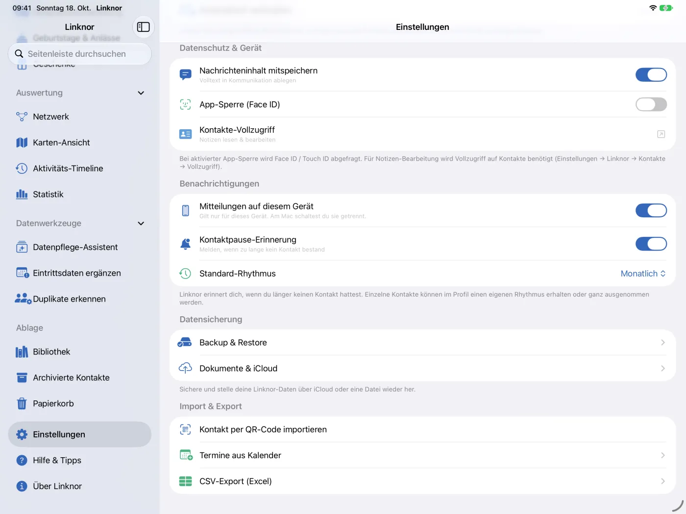 Unterer Teil mit Benachrichtigungen, Datensicherung und Import & Export