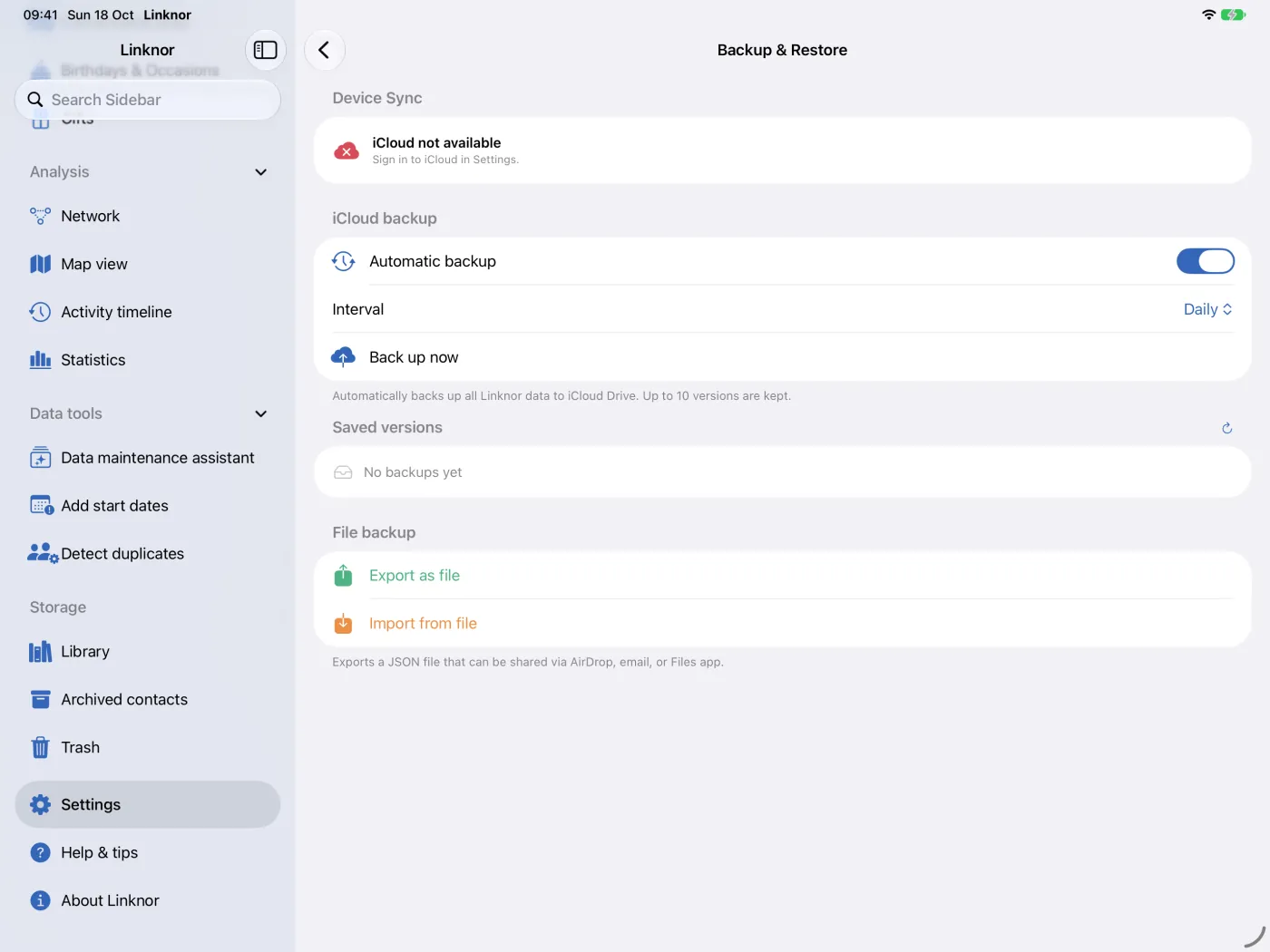 Sezione «Backup file» con esportazione e importazione come file