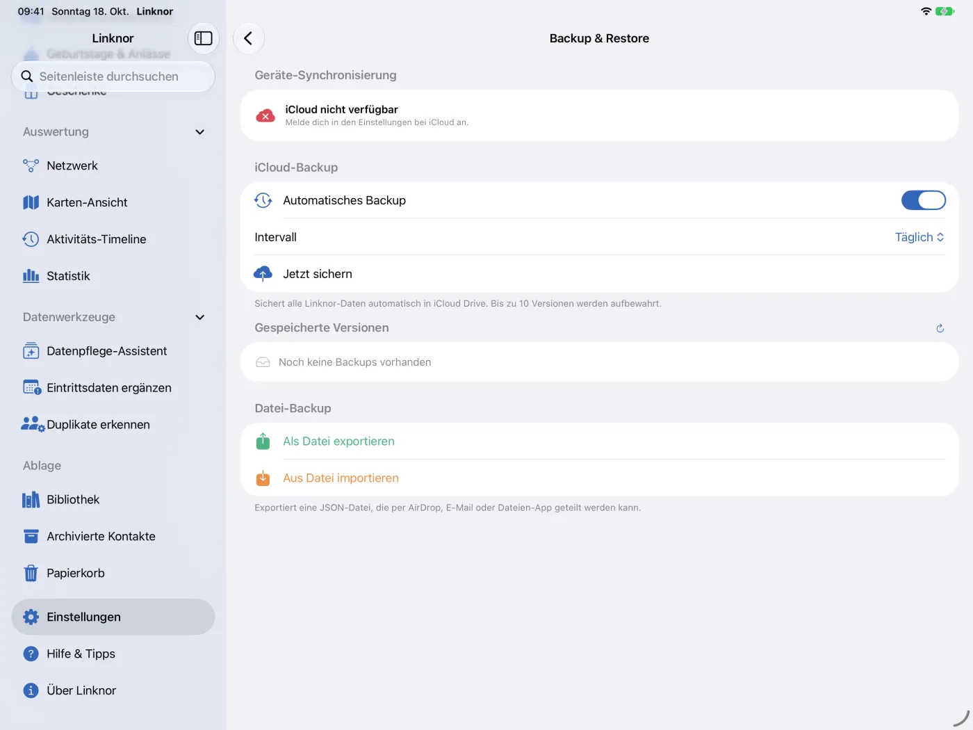 Ausschnitt „Datei-Backup“ mit Export und Import als Datei