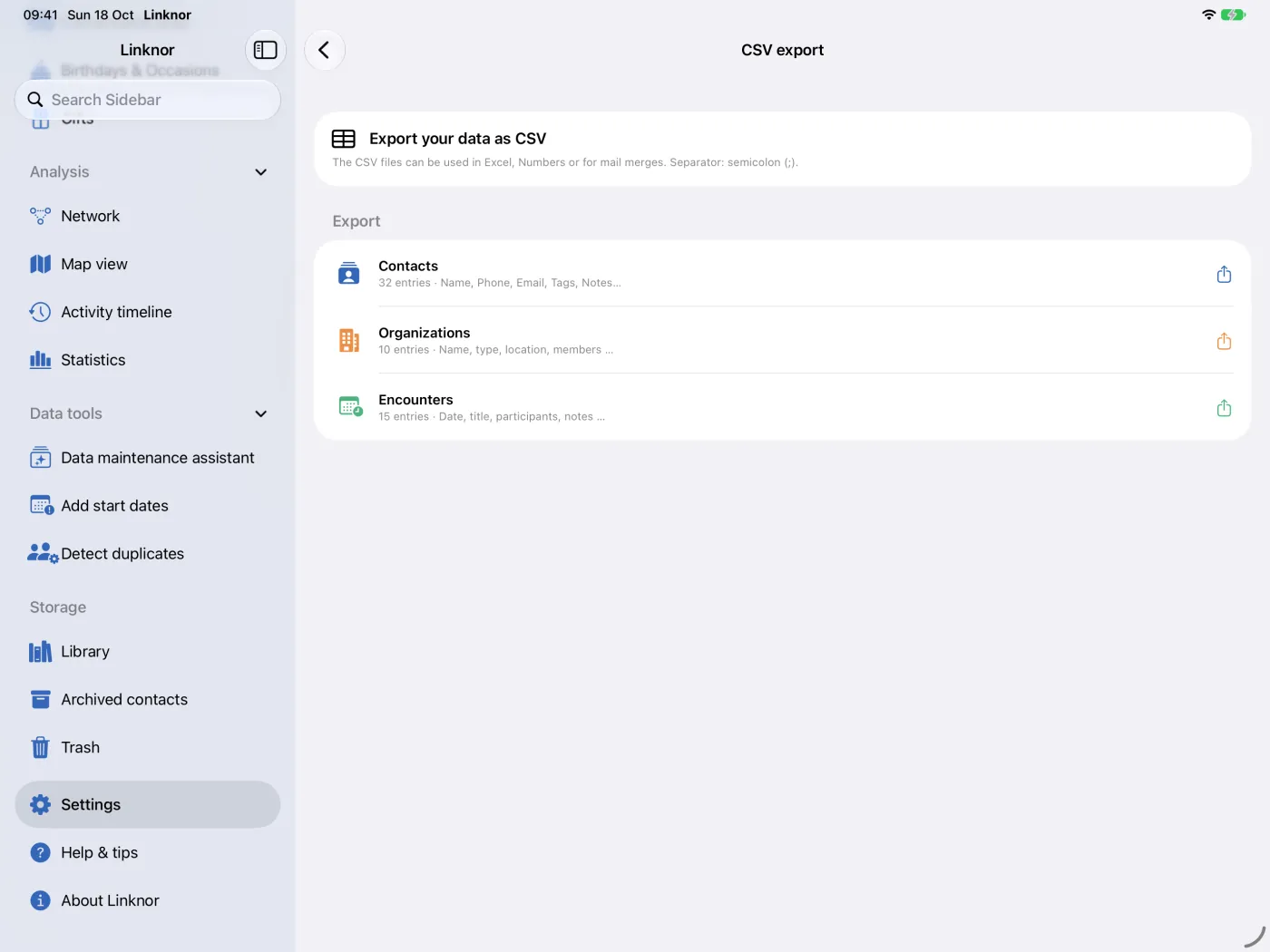 Page « Export CSV » avec un export pour les contacts, les organisations et les rencontres