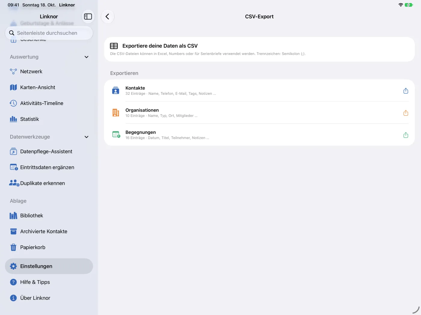 Seite „CSV-Export“ mit je einem Export für Kontakte, Organisationen und Begegnungen
