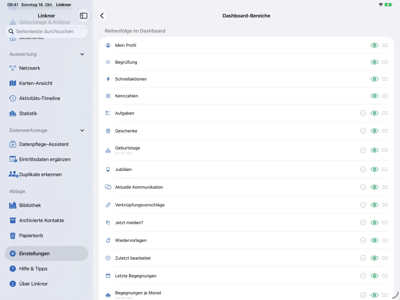 Reihenfolge im Dashboard: Pfeil, Auge und Griff je Bereich.