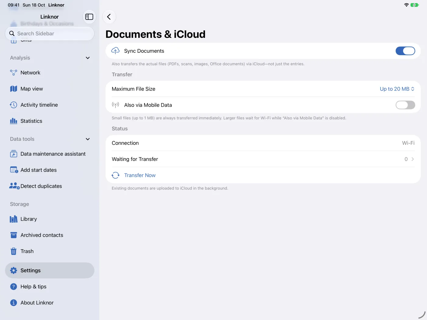Page « Documents et iCloud » avec la taille de fichier, les données mobiles et l’état