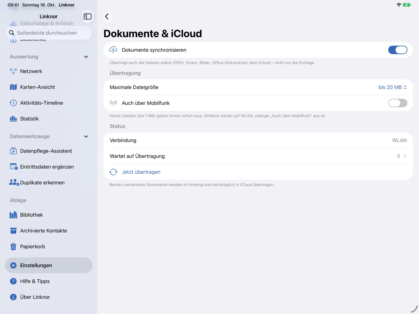 Seite „Dokumente & iCloud“ mit Dateigröße, Mobilfunk und Status