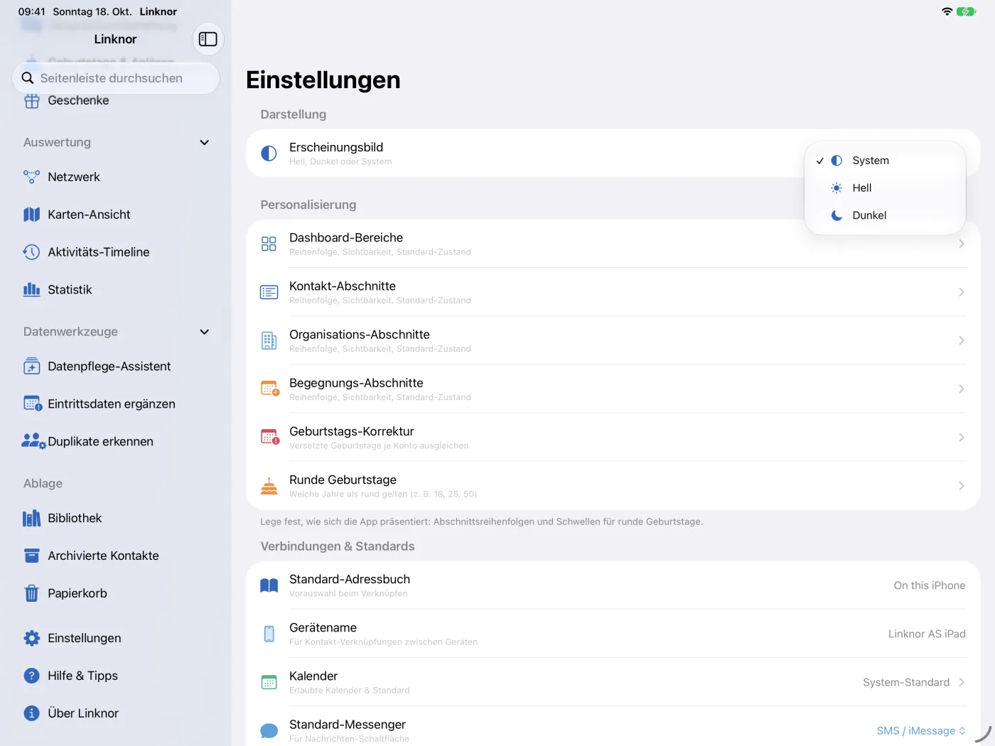 Auswahl „Erscheinungsbild“ mit System, Hell und Dunkel