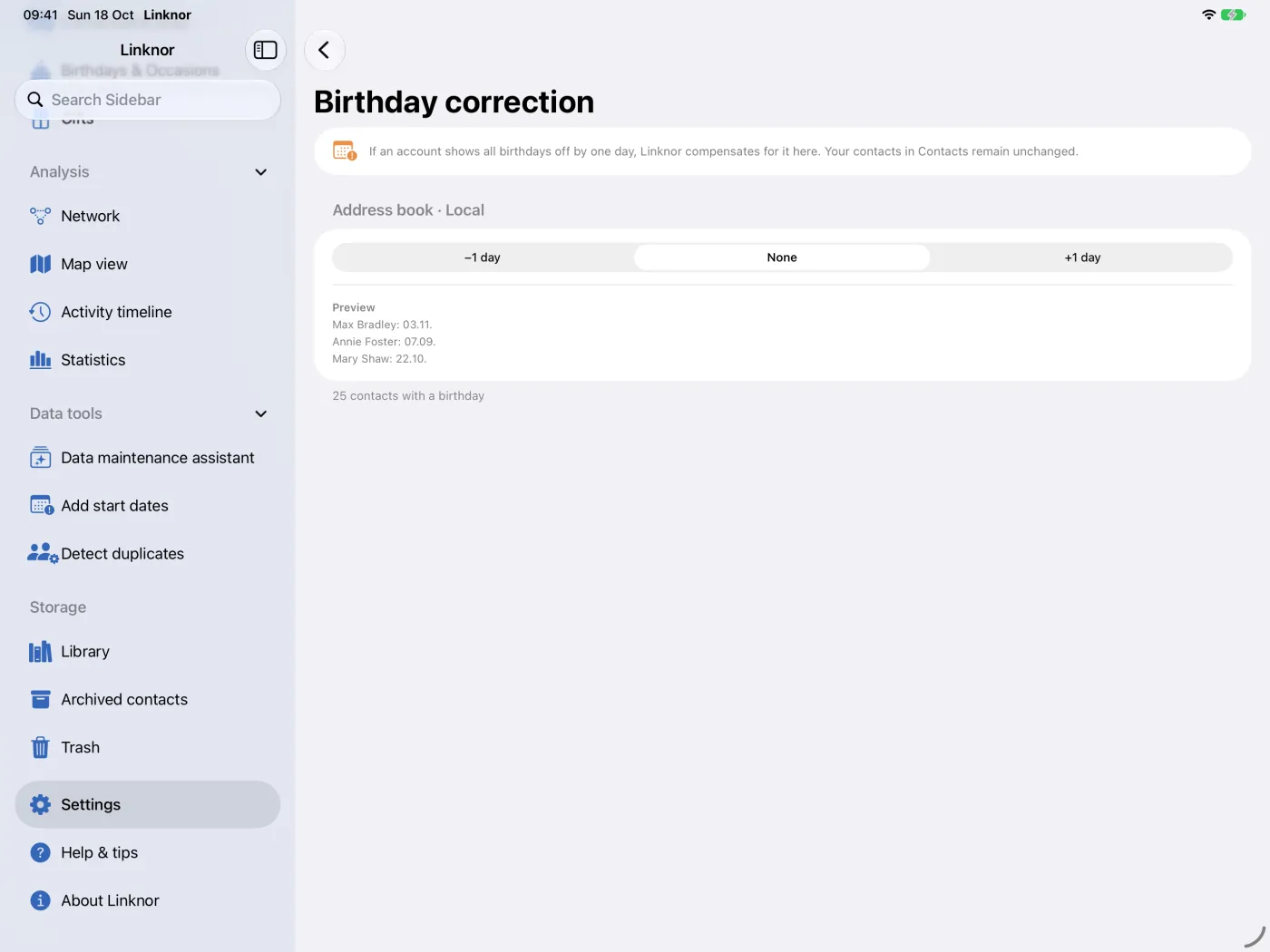 Réglage « Correction des anniversaires » avec un choix par compte de carnet d’adresses