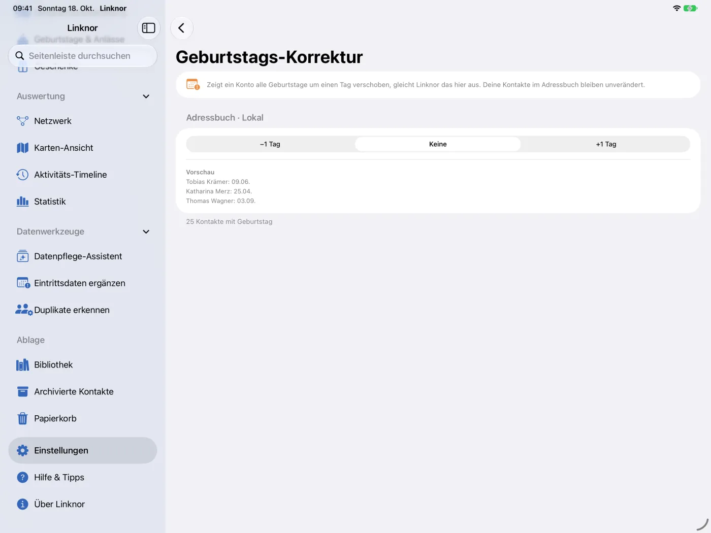 Einstellung „Geburtstags-Korrektur“ mit Auswahl je Adressbuch-Konto