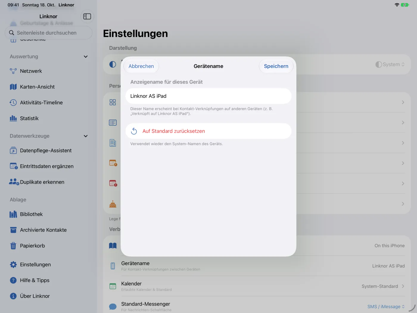 Blatt „Gerätename“ mit eigenem Namen und „Auf Standard zurücksetzen“