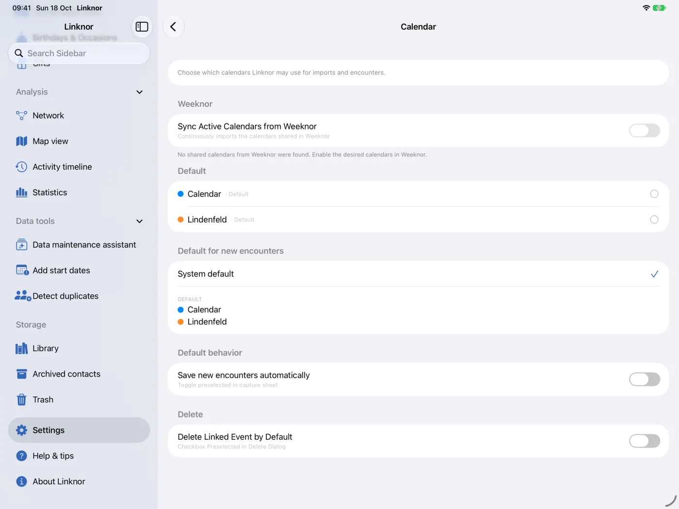 Réglages du calendrier avec la synchronisation Weeknor, les calendriers autorisés et le calendrier par défaut