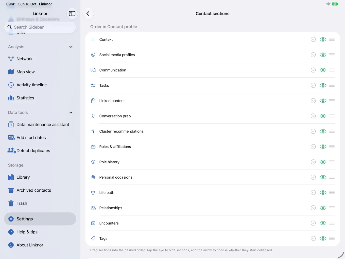 Ordre des sections dans le profil du contact, avec flèche, œil et poignée de déplacement