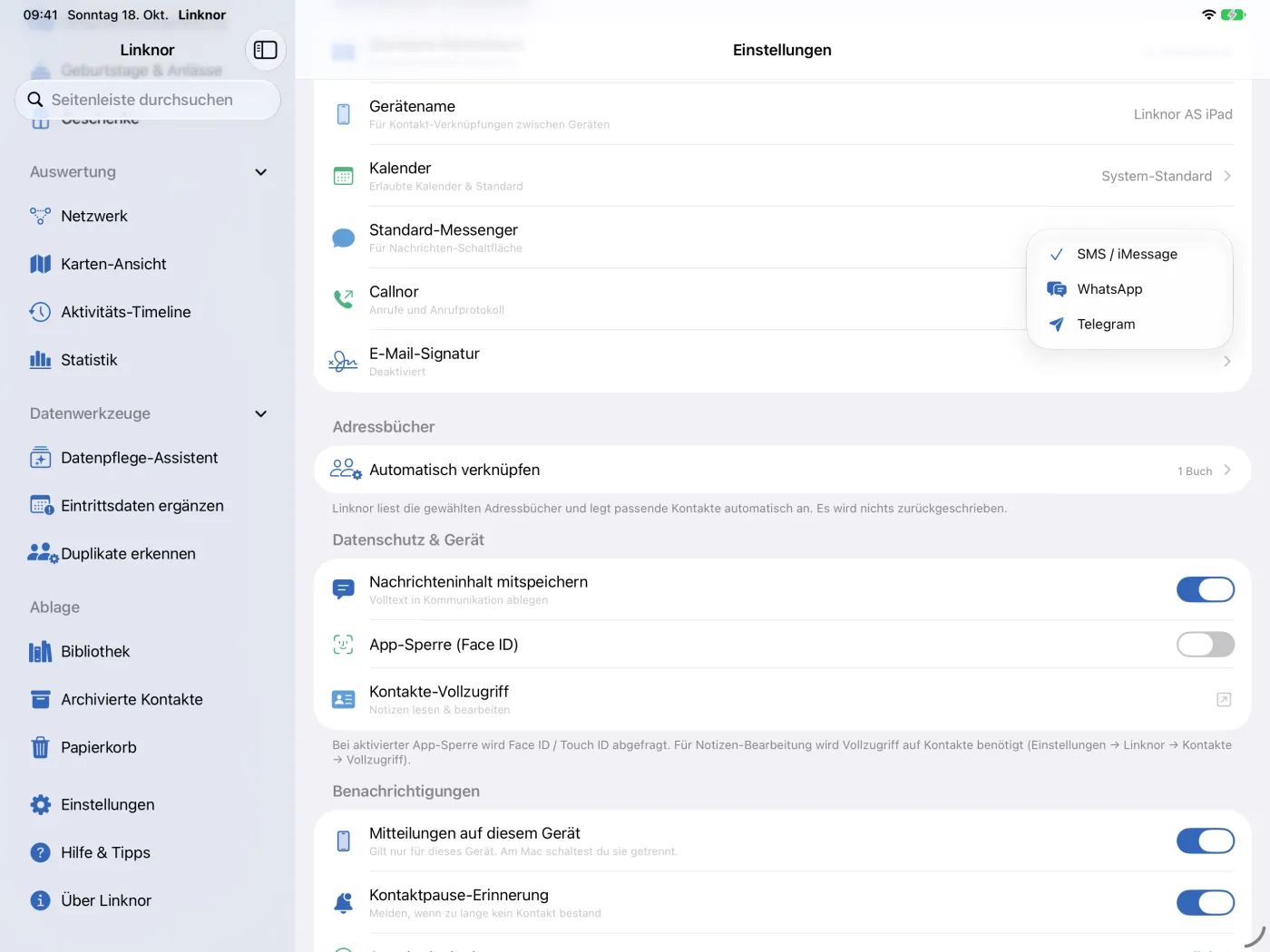 Auswahl des Standard-Messengers in den Einstellungen