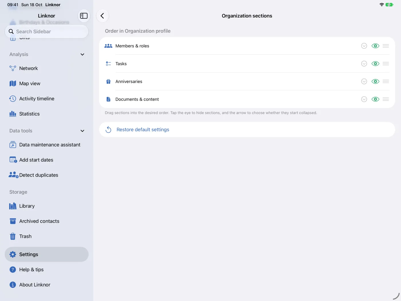 Ordre des sections dans le profil de l’organisation