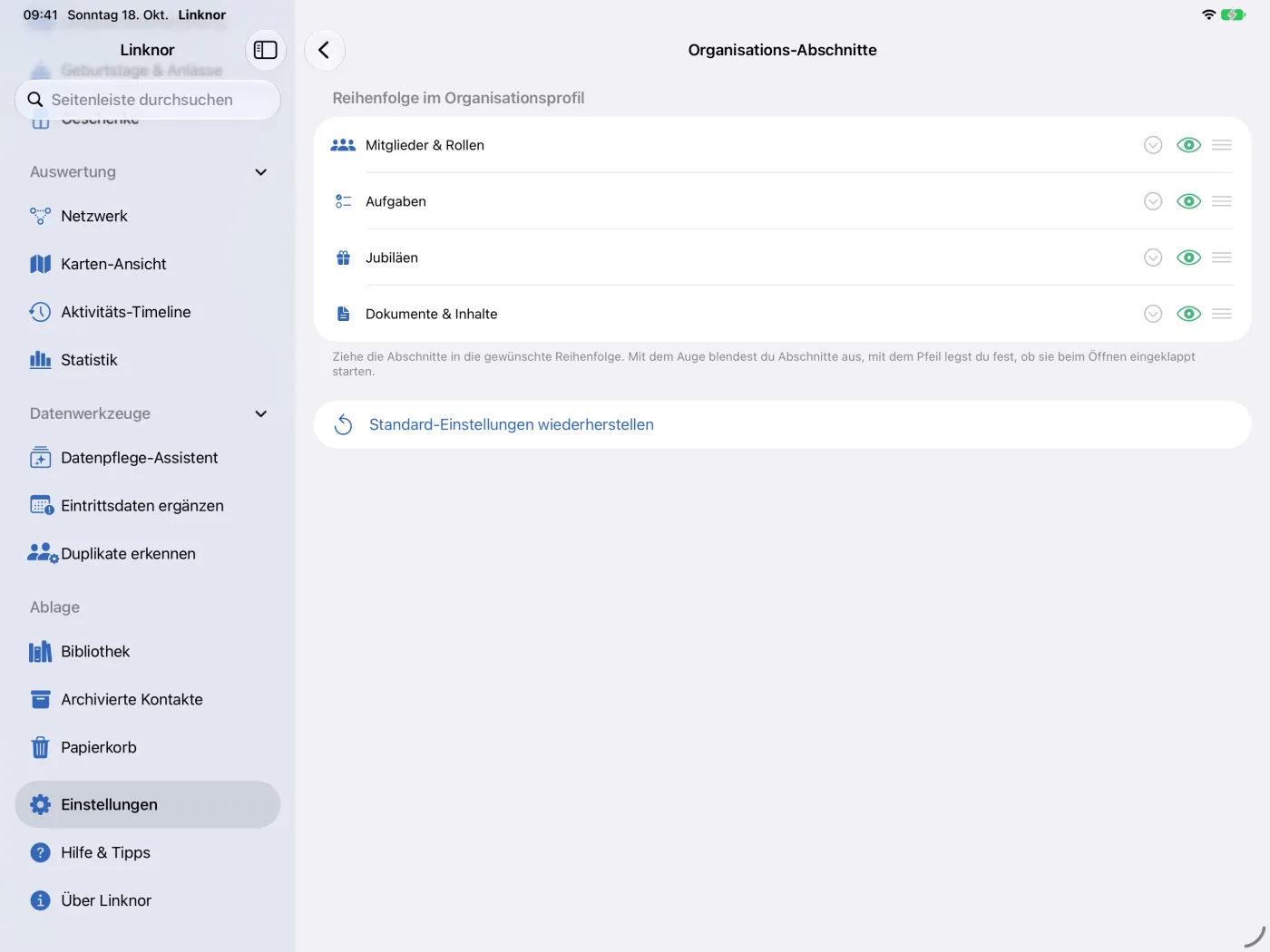 Reihenfolge der Abschnitte im Organisationsprofil