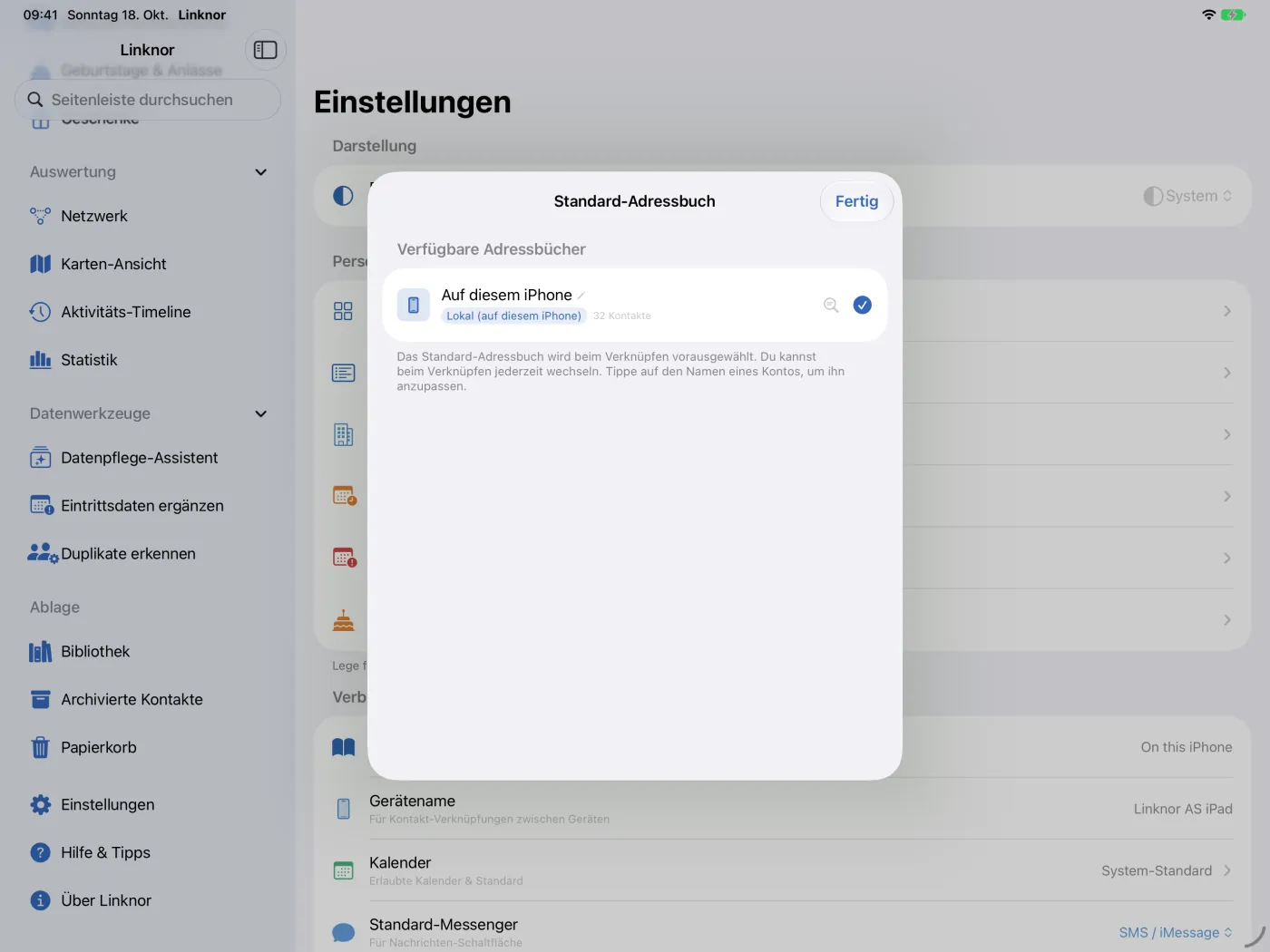 Blatt „Standard-Adressbuch“ mit dem gewählten Adressbuch