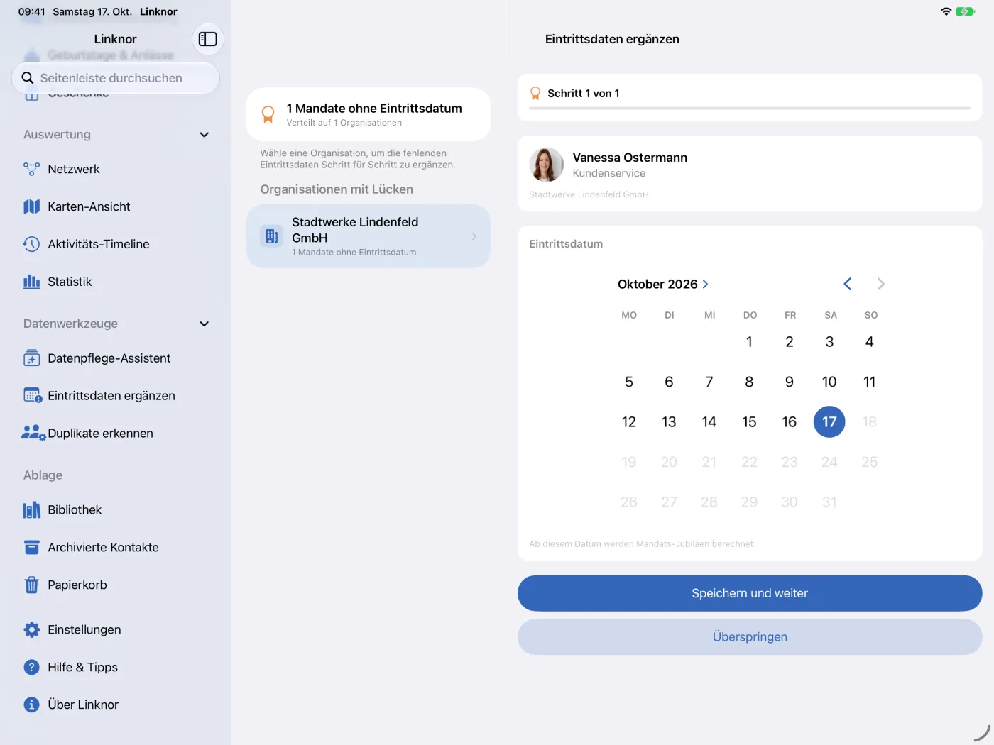 Eintrittsdaten: Organisationen links, Assistent rechts