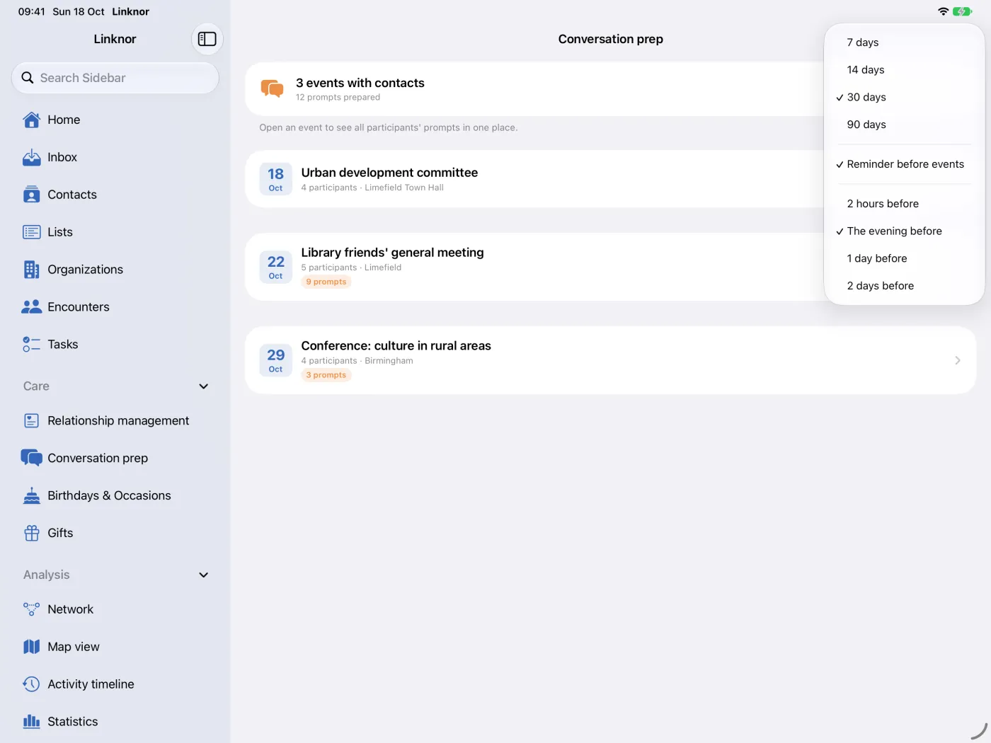 Il menu con «Periodo», «Promemoria prima degli eventi» e «Anticipo».
