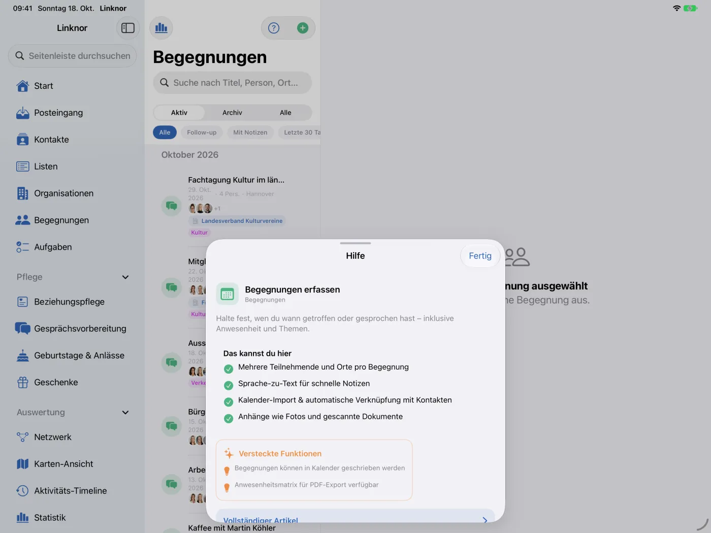 Hilfe zu „Begegnungen erfassen“ mit versteckten Funktionen.