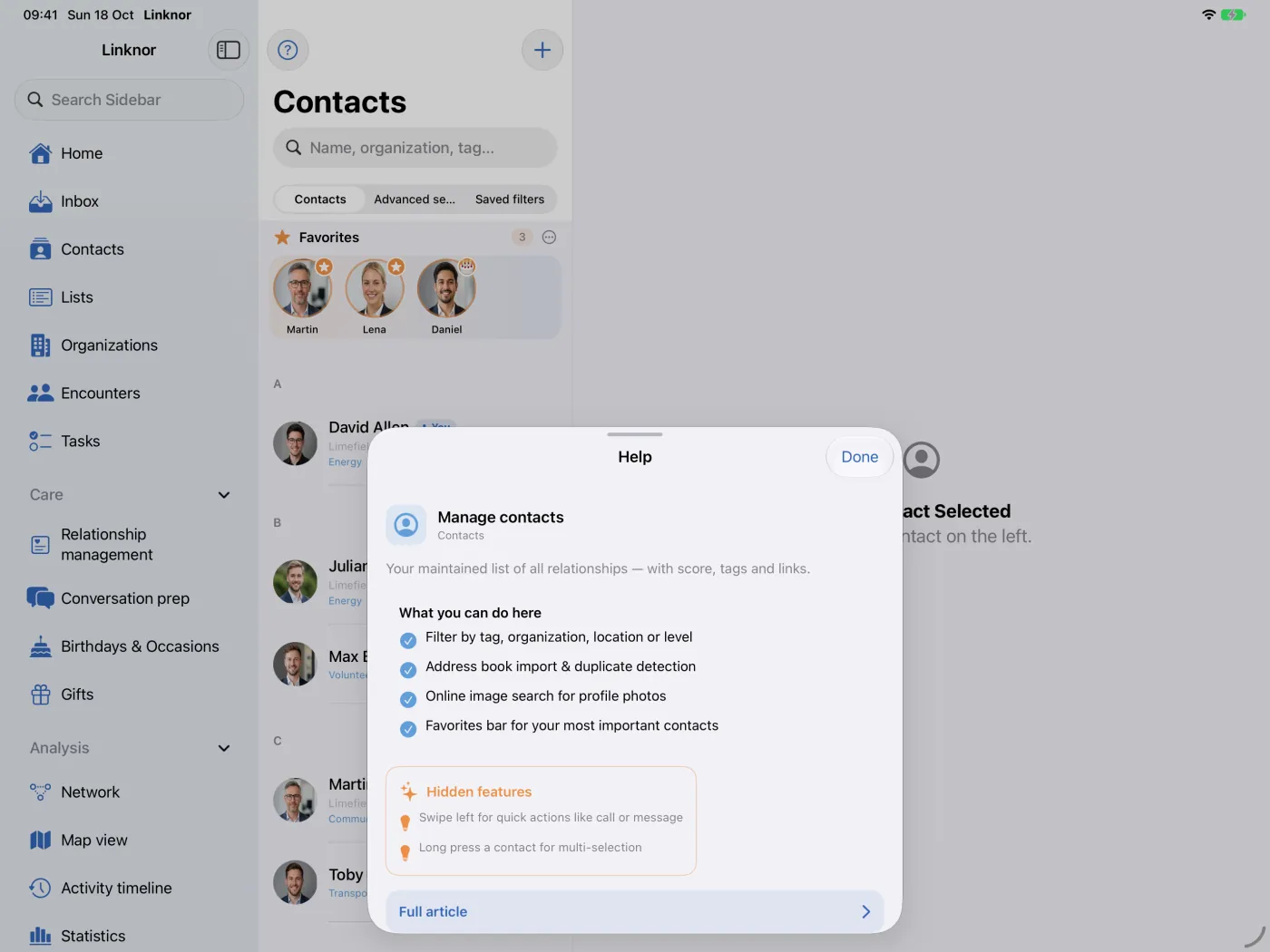 La bulle d’aide dans l’onglet « Contacts » avec « Ce que vous pouvez faire ici ».