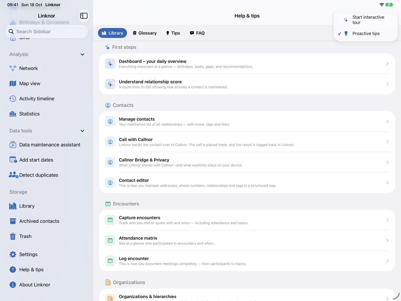 Le menu « … » dans « Aide et conseils » avec « Démarrer la visite interactive » et « Conseils proactifs ».