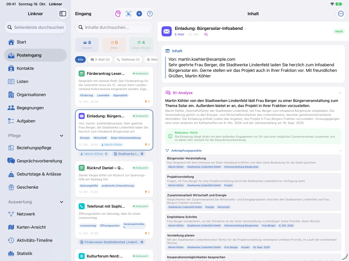 Geöffnete E-Mail mit Verknüpfungsvorschlägen, Text und KI-Analyse