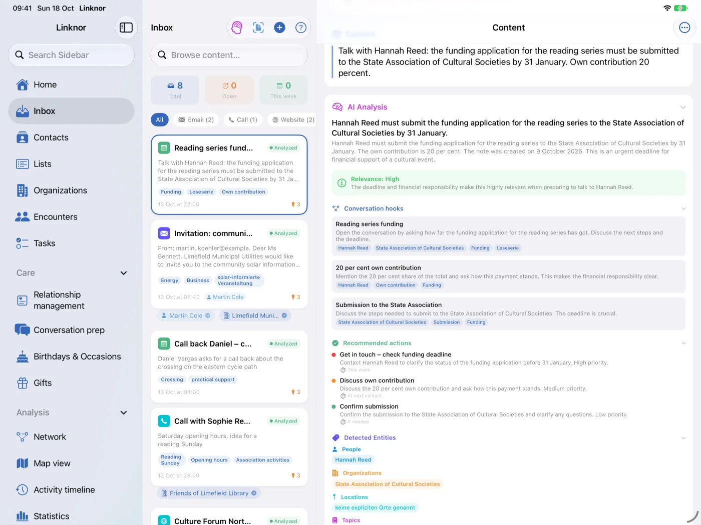 Análisis de IA de un correo con resumen, relevancia y puntos de contacto