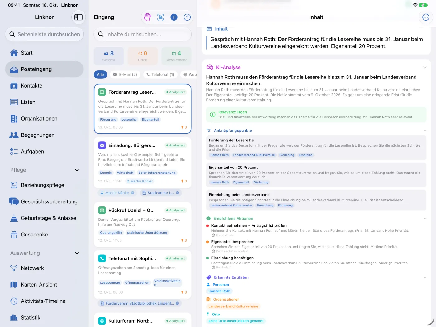 KI-Analyse einer E-Mail mit Zusammenfassung, Relevanz und Anknüpfungspunkten