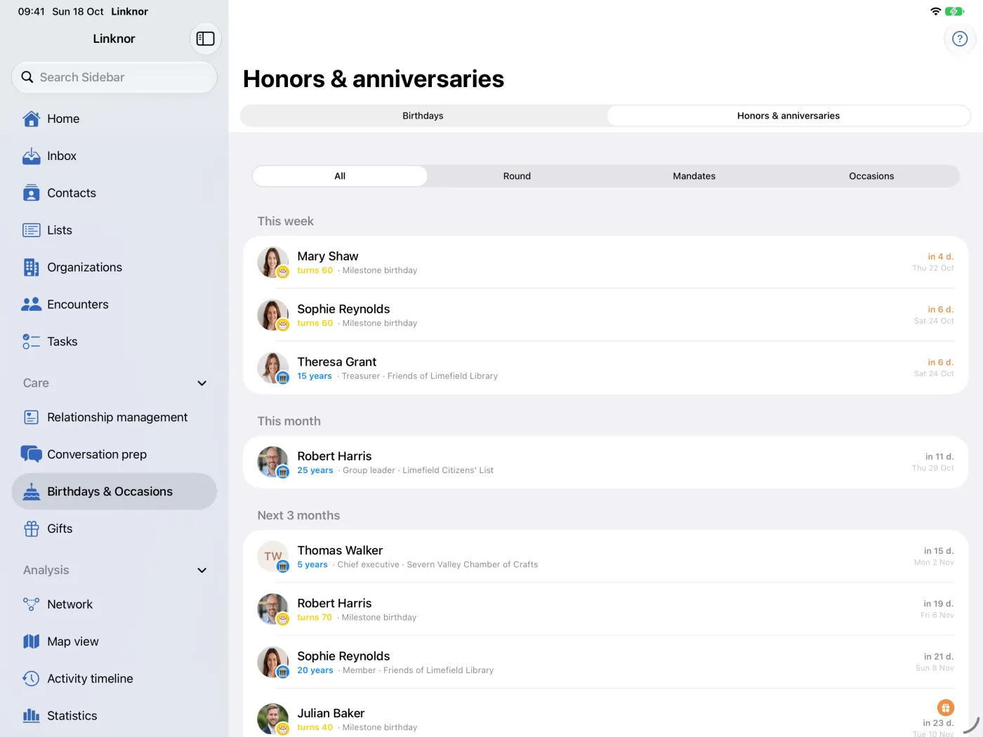 Liste « Distinctions et anniversaires » avec des anniversaires de mandat et des anniversaires ronds
