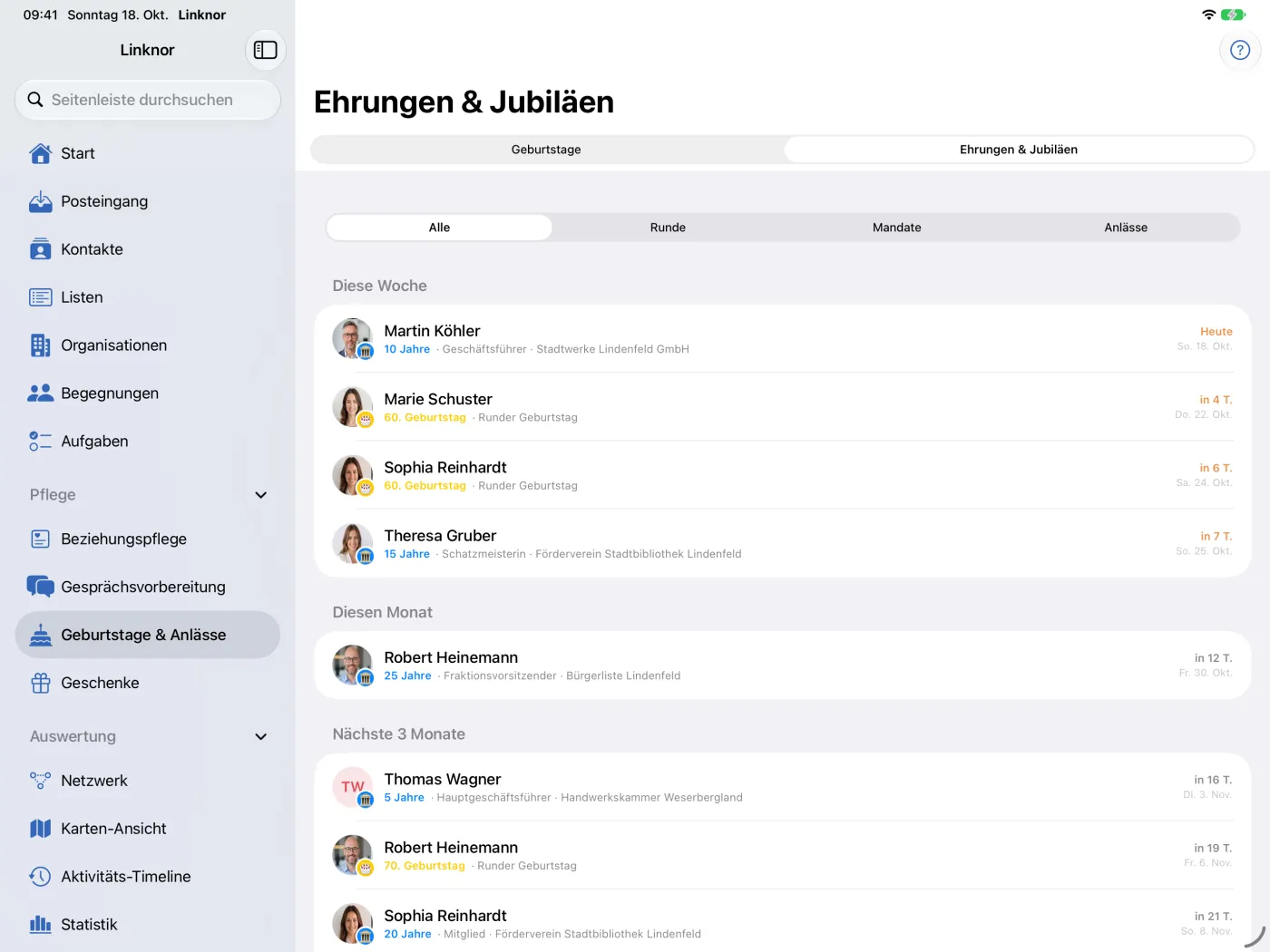 Liste „Ehrungen & Jubiläen“ mit Mandatsjubiläen und runden Geburtstagen