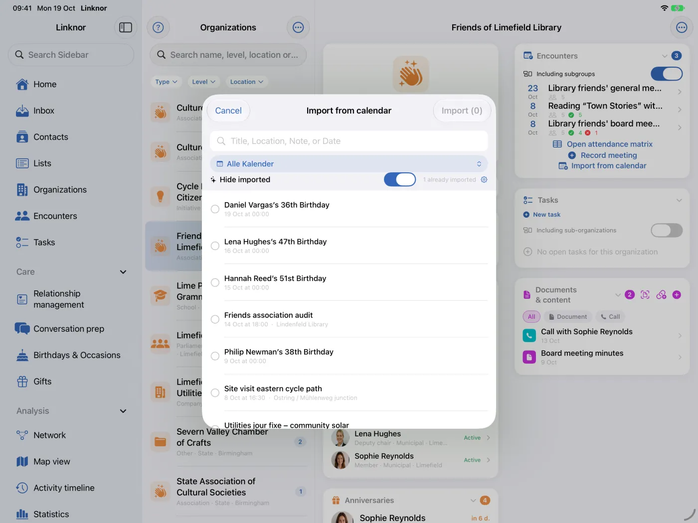 Import depuis une organisation : rendez-vous coché avec l’organisation attribuée