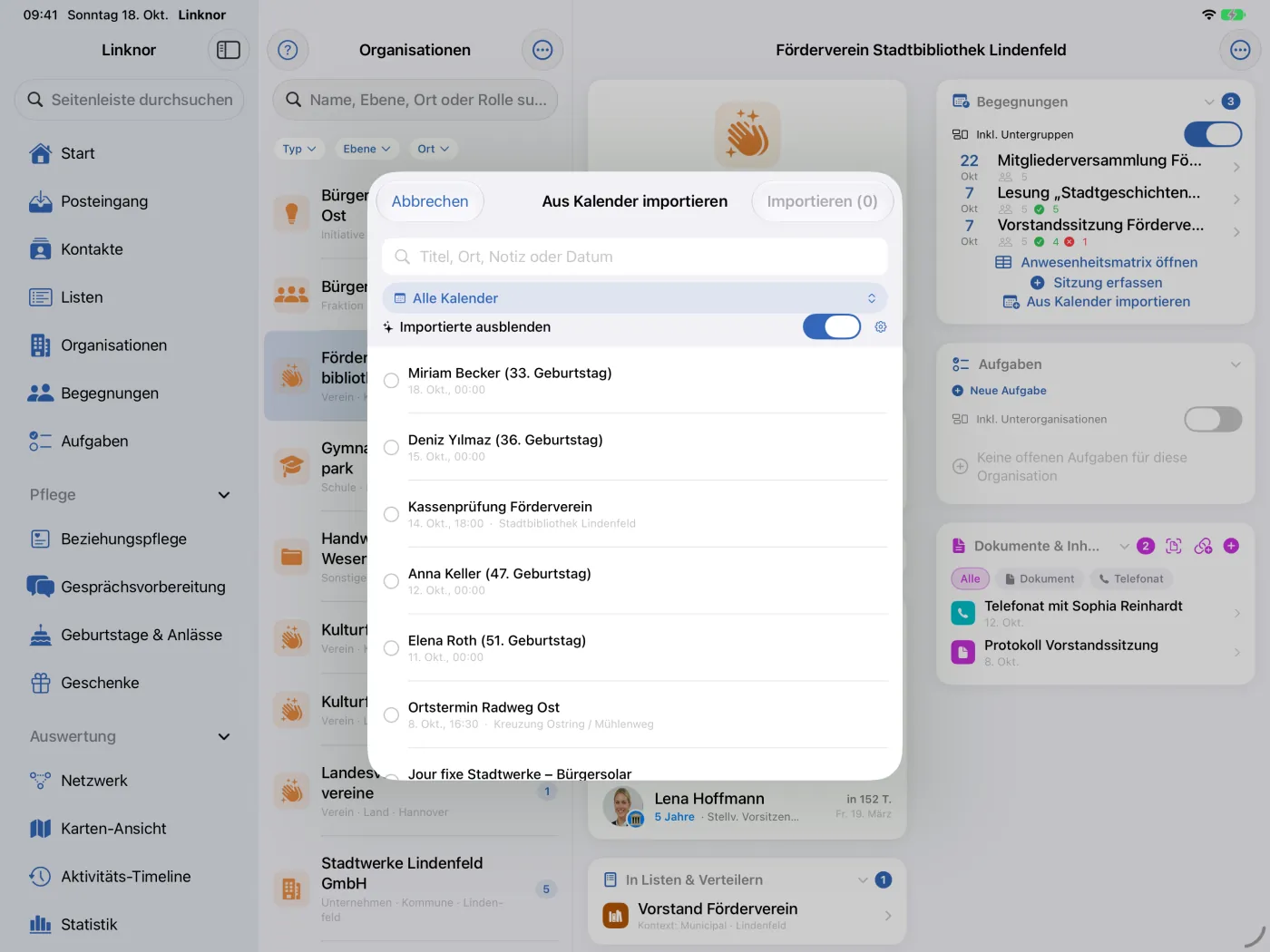Import aus einer Organisation: markierter Termin mit zugeordneter Organisation