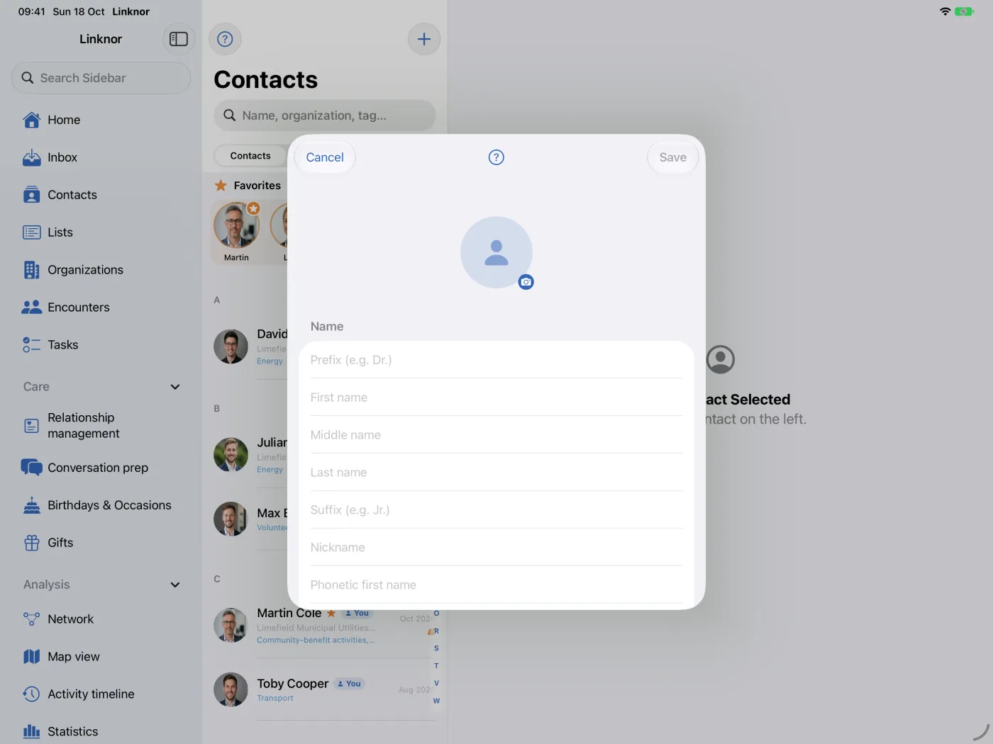 Éditeur d’un nouveau contact avec la photo et les champs de nom