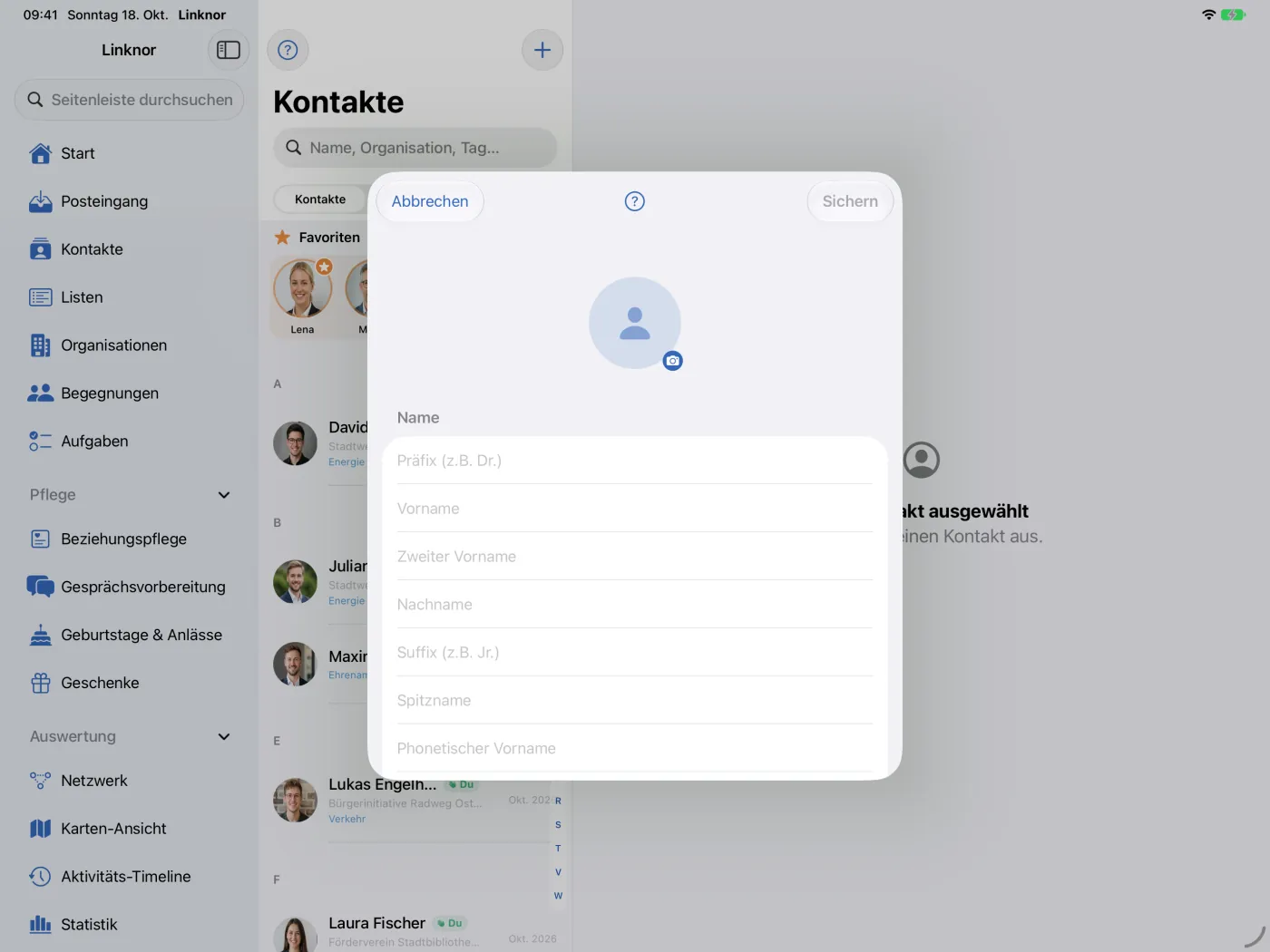 Editor für einen neuen Kontakt mit Foto und Namensfeldern